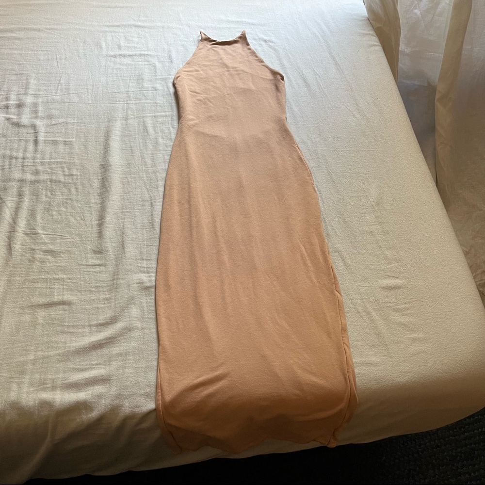 Oh Polly peach pink knit bodycon sleeveless lace up back midi dress